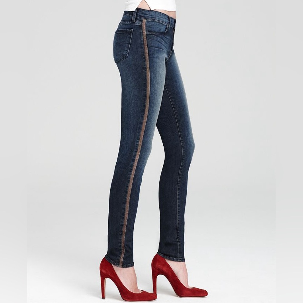 J Brand Kacie Mid Rise Tuxedo Stripe Leather Side Stripe Skinny Jeans | 27